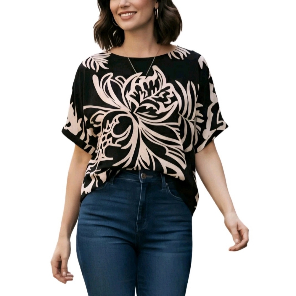 Adrianna Papell Floral Cropped Top Womens Size Medium Black Tan Round Neck